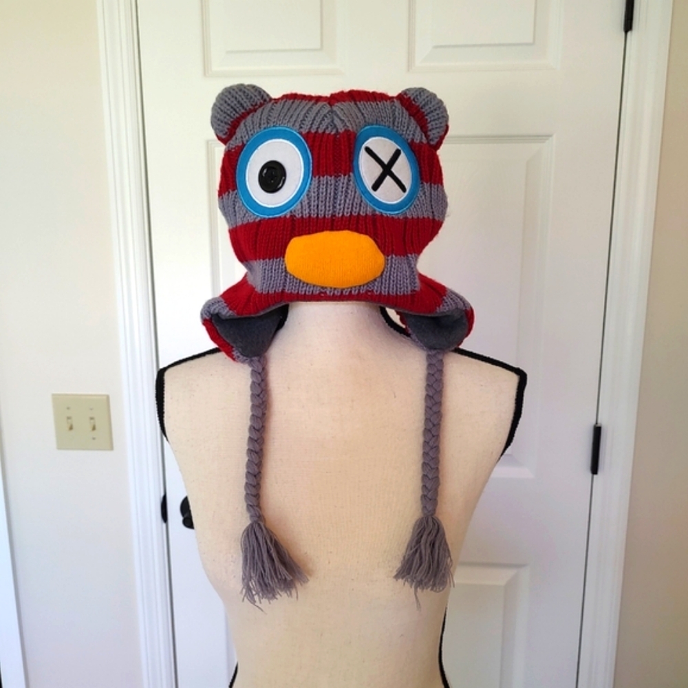 Novelty Sherpa Bear Hat Red Gray Stripe Cartoon Ski Hike Outdoors